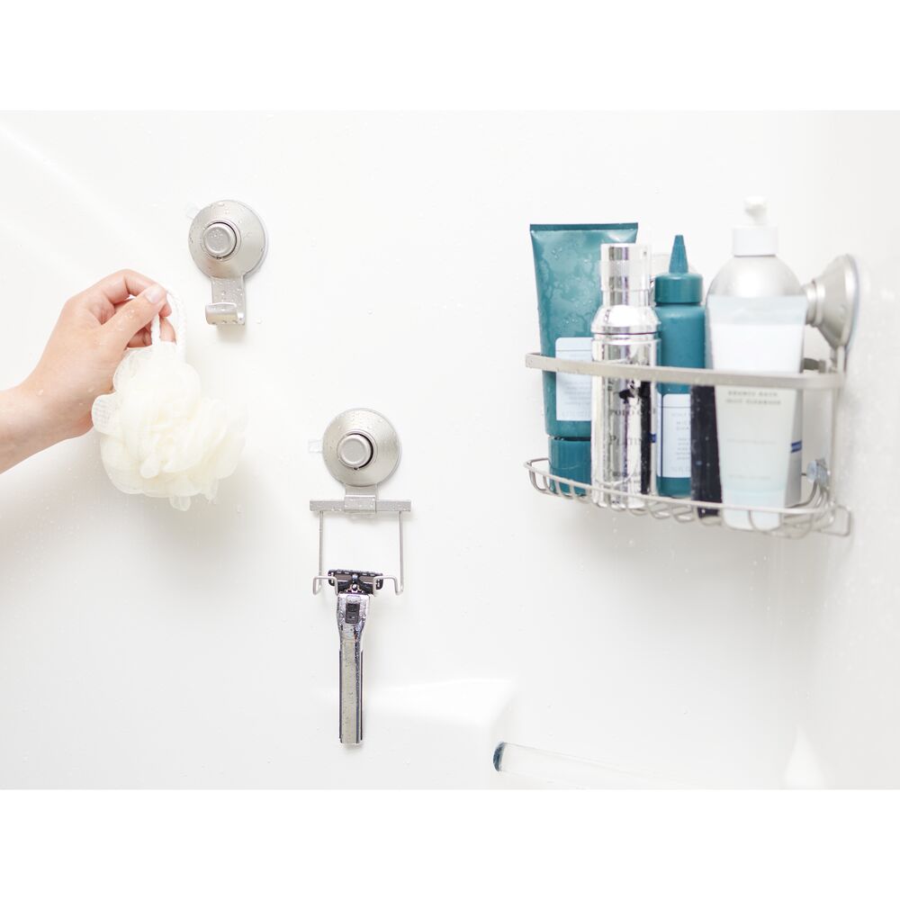 Eck-Duschkorb „AquaLock Corner“ – mit Saugnapf, satiniertes Silber